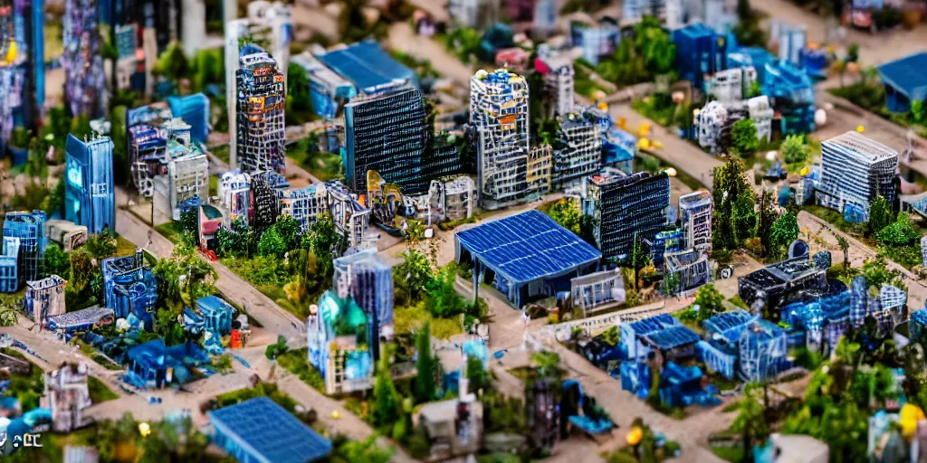 Prompt: macro photo of a miniature solarpunk city, canon 8 0 d, canon 1 0 0 mm f / 2. 8, 4 k,