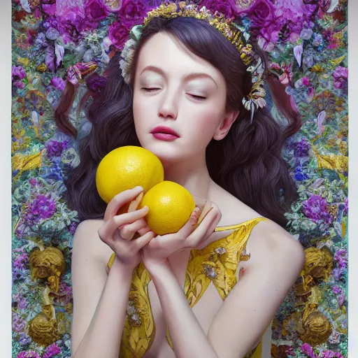 Image similar to the portrait of an absurdly beautiful, graceful, elegant, sophisticated, young idol made up of lemons, an ultrafine hyperdetailed illustration by kim jung gi, irakli nadar, intricate linework, bright colors, octopath traveler, final fantasy, unreal engine 5 highly rendered, global illumination, radiant light, detailed and intricate environment