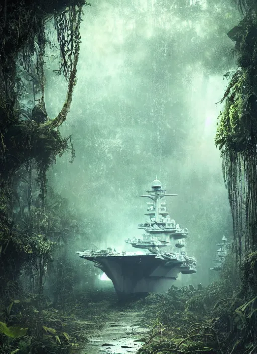 Image similar to decayed aircraft carrier USS Nimitz laying on the ground of a tropical forest overgrown with vegetation and hanging vines, post appocalyptic, by Luis Royo, by Greg Rutkowski, dark, gritty, intricate, cover illustration, concept art, volumetric lighting, volumetric atmosphere, sharp focus, octane render, trending on artstation, 8k