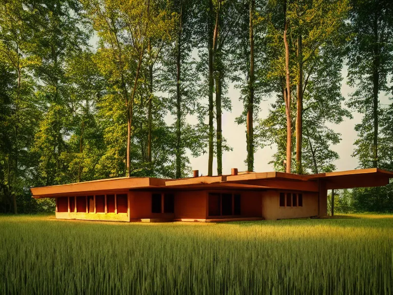 Image similar to hyperrealism design by frank lloyd wright and kenzo tange photography of beautiful detailed small house around the forest in small ukrainian village by taras shevchenko and wes anderson and caravaggio, wheat field behind the house, volumetric natural light