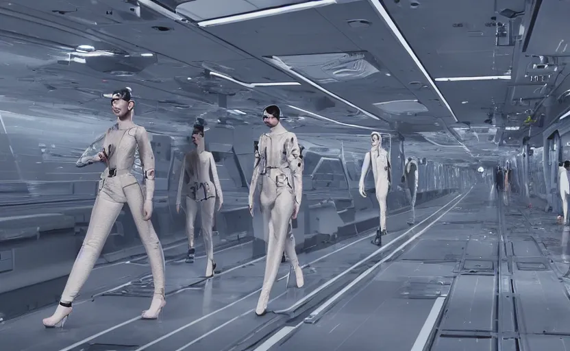 Prompt: High Quality Rendering of Fashion Catwalk on a Space-Station, Sci-Fi, Octane Renderer, Redshift, Raytracing