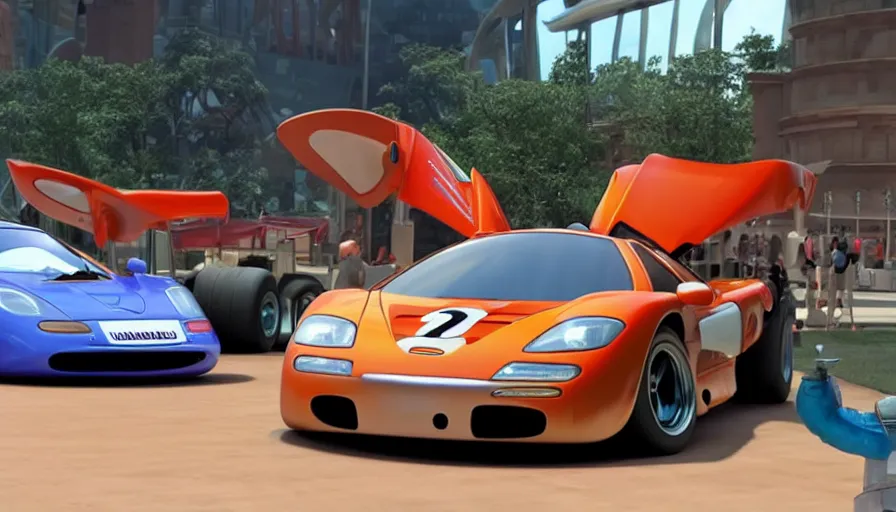 Prompt: mclaren f 1 in pixar cars 2, still shot