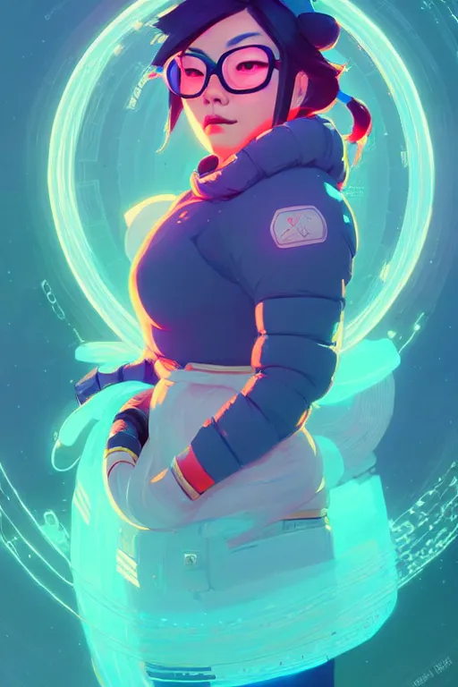 Prompt: portrait of beautiful mei eskimo from overwatch!! artstation winner by victo ngai, kilian eng and by jake parker, by conrad roset, swirly vibrant color lines, winning award masterpiece, fantastically gaudy, aesthetic octane render, 8 k hd resolution