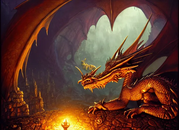 Image similar to dragon asleep on a pile of treasure, dramatic light, dungeon background, treasure, gold, jewels, treasure pile, high detail, fantasy background, painted todd lockwood, jeff easley, greg rutkowski, james gurney, artgerm, digital art, trending on artstation