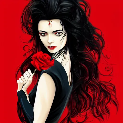 Prompt: stunning comic book style portrait painting of Long Black Haired beautiful woman wearing red dress, red eyes, holding black rose, in the style of WLOP, 8k masterpiece, cinematic lighting, pristine clean design, high fantasy, insanely detailed, atmospheric,