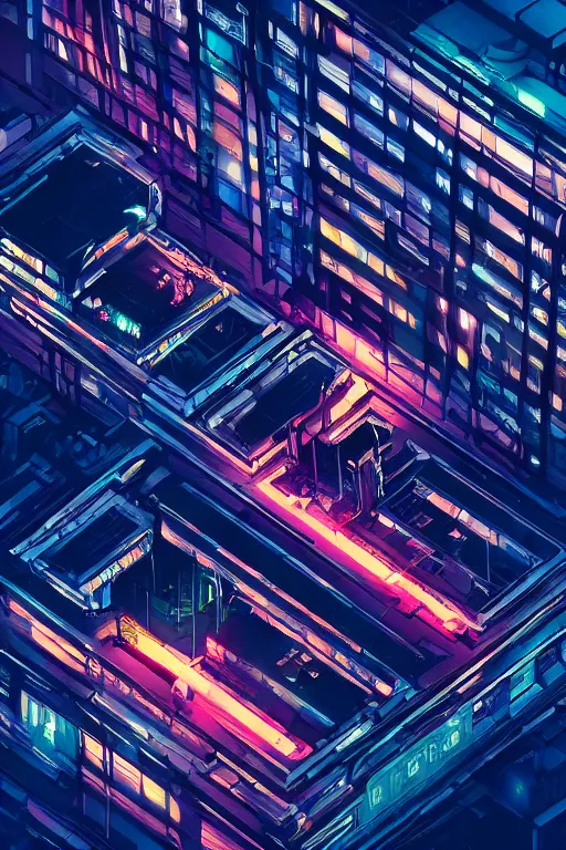 Prompt: cyberpunk buildings with a flight vehicle glowing in the sky, neon sign, bottom view, bladerunner, digital illustration, artstation, cinematic composition