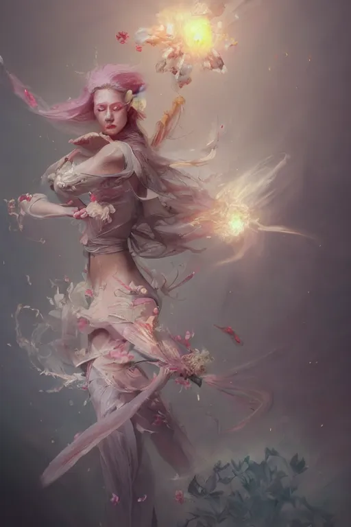 Image similar to beautiful girl necromancer exploding into flowers, angels, 3 d render, hyper - realistic detailed portrait, holding electricity, ruan jia, wlop. scifi, fantasy, hyper detailed, octane render, concept art, peter mohrbacher