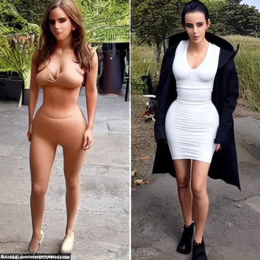 Image similar to a full - figure image of a woman who is a genetic combination of emma watson and kim kardashian