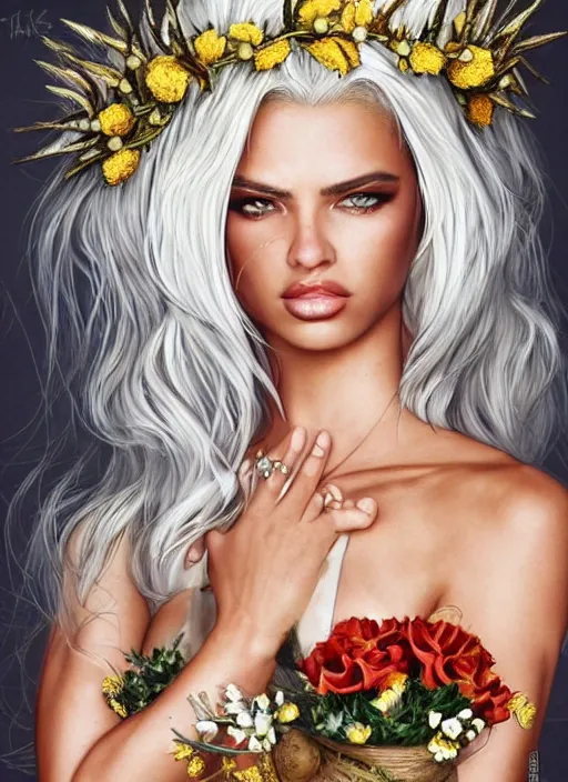 Prompt: combination of adriana chechik and adriana lima with white - golden hair wears floral crown, the witcher style, stoic attitude, zenithal lighting shadowing the push - up, ultra detailed, sharp focus highly detailed, sharp focus, golden background with flowers, photorealism, style of hajime sorayama, art by hirothropologie, artgerm and patrick demarchelier