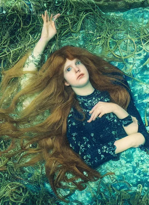 Image similar to under the sea on the seabed amongst the weeds, underwater shot, medium shot, on the bed of the river preraphaelite colour photography by rosetti, 8 k