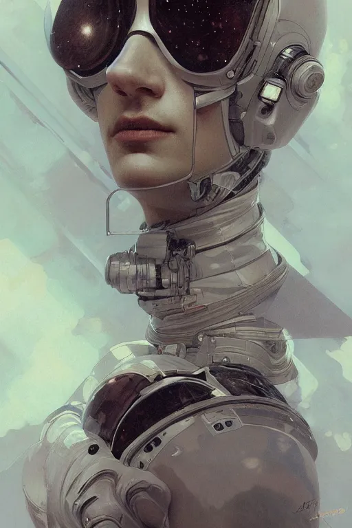 Image similar to A full portrait of a 2001 Space Odyssey Astronaut, intricate, elegant, highly detailed, digital painting, artstation, concept art, smooth, sharp focus, illustration, art by Krenz Cushart and Artem Demura and alphonse mucha