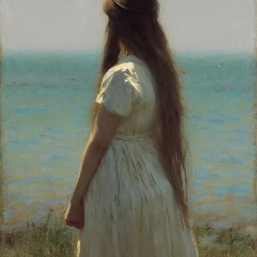 Prompt: girl in summer dress, brushing her long hair, jeremy lipking, joseph todorovitch