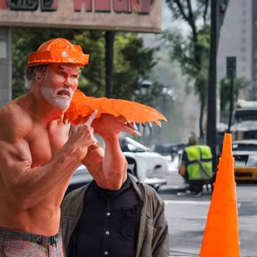 Prompt: ripped physique winged man Norm MacDonald disguised as a mothra whilst wearing a traffic cone hat cliff chiang roc upchurch