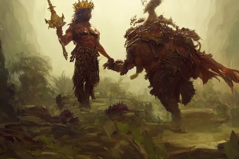 Image similar to a muscular tunesian man wearing plants as armor fighting a fluffy cat wearing a crown and cape wielding a scepter, fantasy, digital painting, volumetric light, intricate, sharp, focus, bloom, illustration, highly detailed, concept art, matte, ruan jia, randy vargas, greg rutkowski