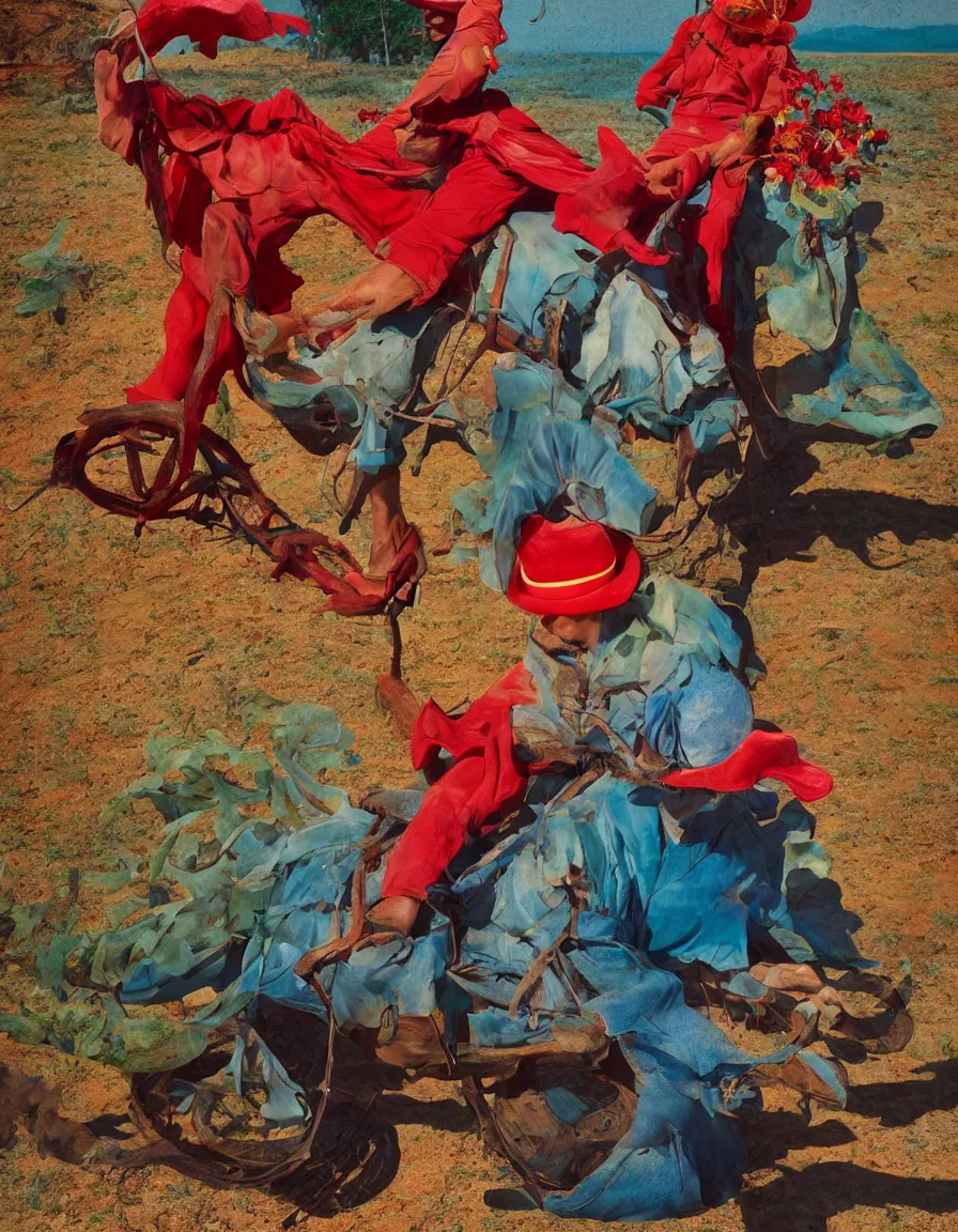 Prompt: a cowboy turning into blooms by slim aarons, by zhang kechun, by lynda benglis. tropical sea slugs, angular sharp tractor tires. complementary colors. warm soft volumetric light. national geographic. 8 k, rendered in octane, smooth gradients. manly cowboy riding by edward hopper. red accents.
