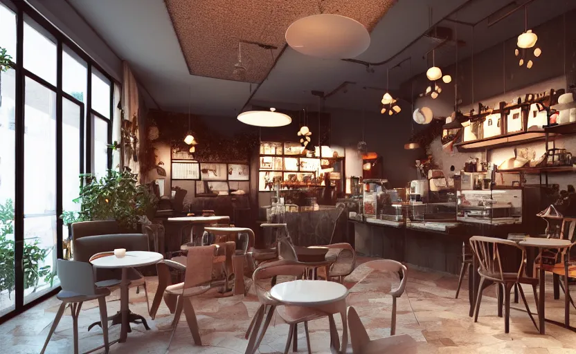 Image similar to a coffe shop, octane render, artstation trending, highly detailded