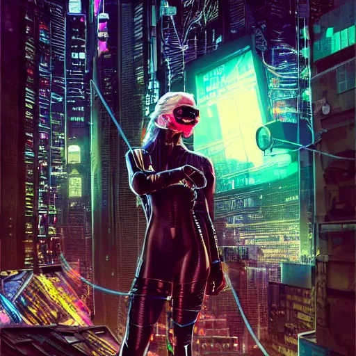 Prompt: beautiful cyberpunk assassin with night vision goggles, portrait shot, wires, cyberpunk, dramatic light, cyberpunk city in the background, movie illustration, poster art by Drew Struzan