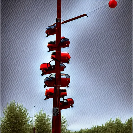 Prompt: red beetle car on top of a tall pole, digital art, photorealistic