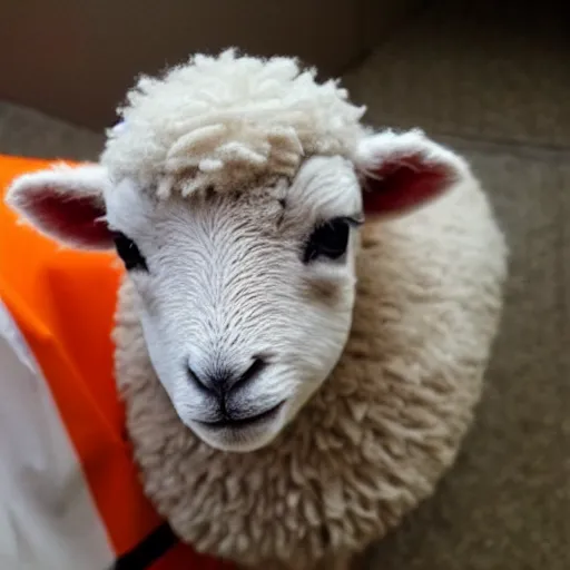 Image similar to cute baby sheep wearing orange inmate clothes