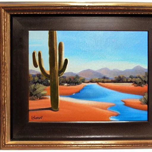 Prompt: Desert oasis Oil on canvas, detailed