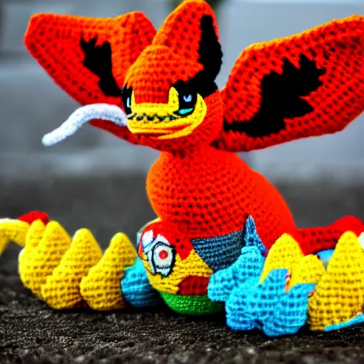 Prompt: a crochet of the pokemon moltres, Sigma 50mm f/1.4