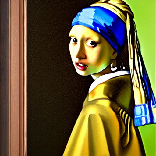 Image similar to aoc with a pearl earring, painting by vermeer