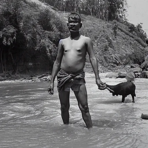 Prompt: a shirtless brahmin man from nepal, standing next to a river with his goat, one hand on his belly