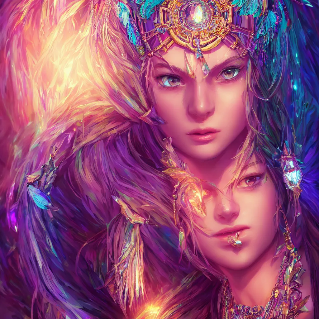 Image similar to portrait highly detailed beautiful symmetrical face high priestess intricate elegant detailed crystal jewellery with tribal feathers, lush colourful volumetric lighting, anime digital painting, concept art, smooth, sharp focus 3 d, divine realm of gods, realistic cinematic style, octane render, photographic, unreal engine 8 k