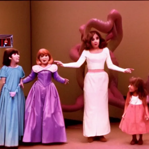 Image similar to still from 1977 live-action children's tv show about a Disney princess who enters an intestine cult color