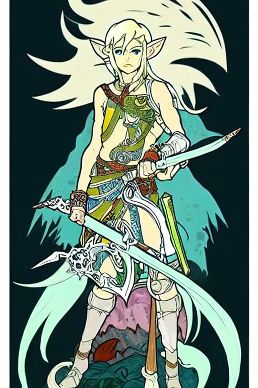 Image similar to link as the fierce diety form with white hair!! from the legend of zelda!! portrait illustration, pop art, splash painting, art by geof darrow, ashley wood, alphonse mucha, makoto shinkai