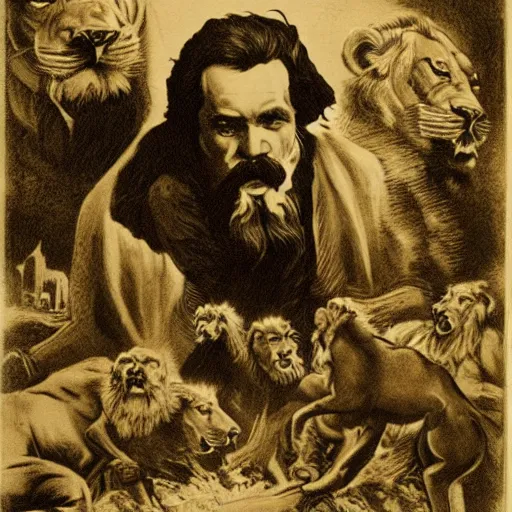 Prompt: Possessed Karl Marx stops a thousand giant lions from eating Earth