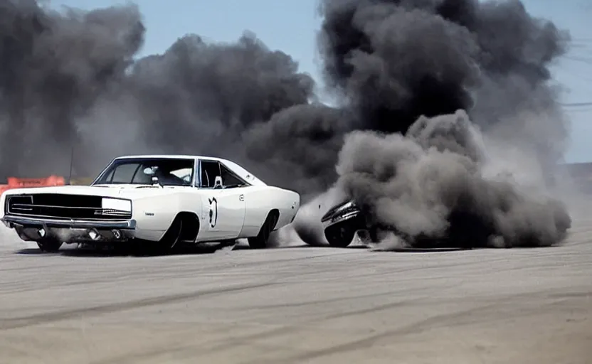 Image similar to a 1 9 6 8 dodge charger r / t drifting, explosion in the background