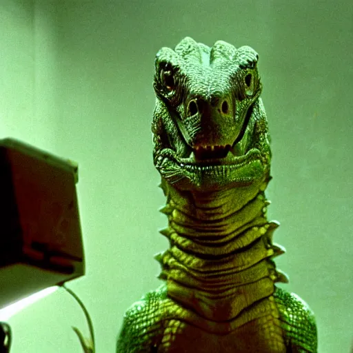 Image similar to movie scene of a draconian experiment reptil, reptilian, movie still, cinematic composition, cinematic light, criterion collection, reimagined by industrial light and magic, Movie by David Lynch and Ridley Scott