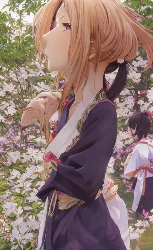 Image similar to anime style, side portrait of a girl walking, summer festival in background, yukata clothing, battlefield in background, hair down, symmetrical facial features, real faces, from arknights, hyper realistic, 4 k, extreme detail, trending artstation, safebooru, realistic lighting, by alphonse mucha, greg rutkowski, sharp focus, backlit