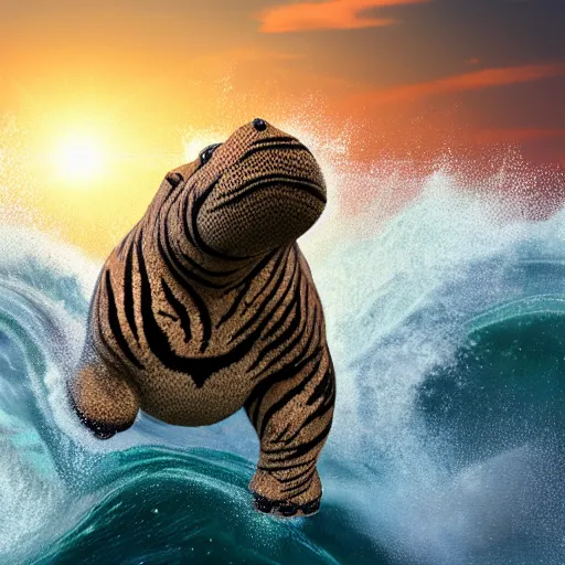 Image similar to a closeup photorealistic photograph of a cute smiling knitted tiger hippopotamus riding an epic wave at sunset. surf in the background. professional capture. brightly lit scene. this 4 k hd image is trending on artstation, featured on behance, well - rendered, extra crisp, features intricate detail, epic composition and the style of unreal engine.