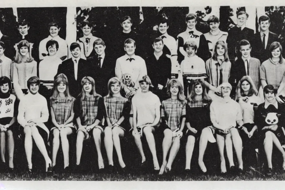 Prompt: A 1960s yearbook photo with animals dressed as humans .