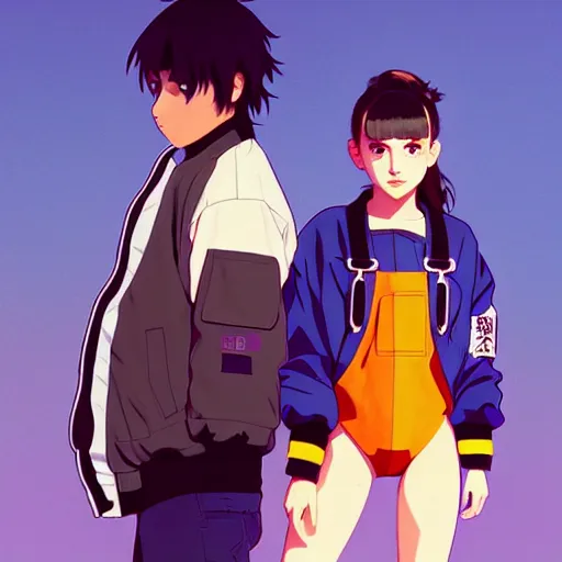 Image similar to a beautiful boyish natalie portman gravure model, wearing oversized mayan bomber jacket and leotard with overalls, bulky poofy bomber jacket with mesoamerican patterns, mesoamerican street fashion, gapmoe yandere grimdark, trending on pixiv fanbox, painted by greg rutkowski makoto shinkai takashi takeuchi studio ghibli, akihiko yoshida