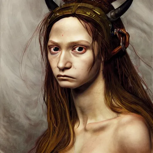 Prompt: high quality high detail portrait of a young ugly female warlock looking away from the camera, detailed eyes, eyes do not reflect, no hands visiblefantasy, d & d, painting by lucian freud and mark brooks, hd