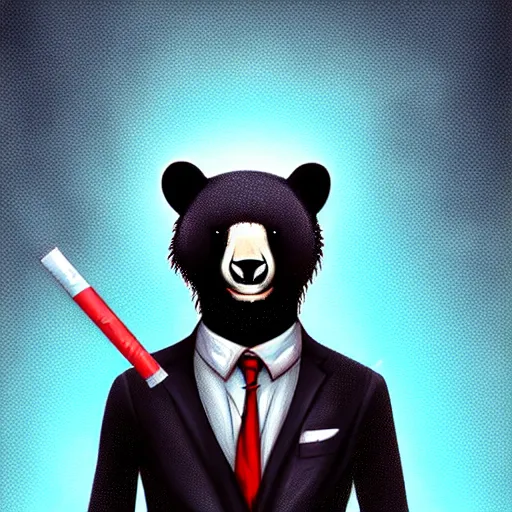 Prompt: a black bear wearing a suit and tie with a cigarette in his mouth, cyberpunk art by Cyril Rolando, featured on deviantart, furry art, furaffinity, smokey background, digital painting