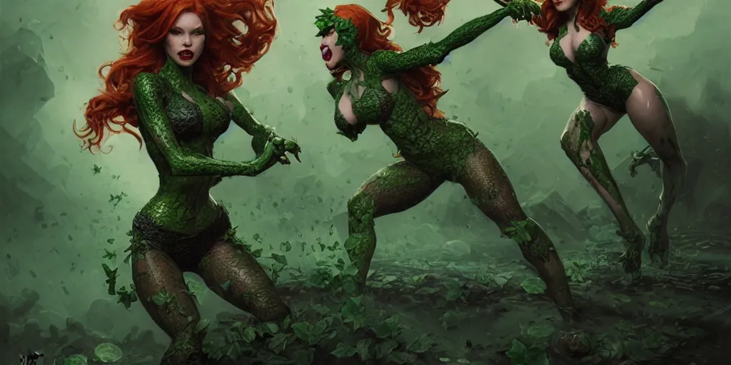 Image similar to poison ivy fighting killer croc DC comics, battle pose, illustration, realistic eyes, artstation, cinematic lighting, hyperdetailed, detailed realistic symmetrical eyes, cgsociety, 8k, high resolution, Charlie Bowater, Tom Bagshaw, Norman Rockwell, insanely detailed and intricate, sewer background