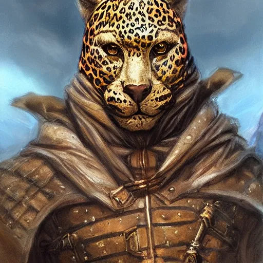 Image similar to Leopard headed hooded knight as a fantasy D&D character, portrait art by Donato Giancola and James Gurney, digital art, trending on artstation