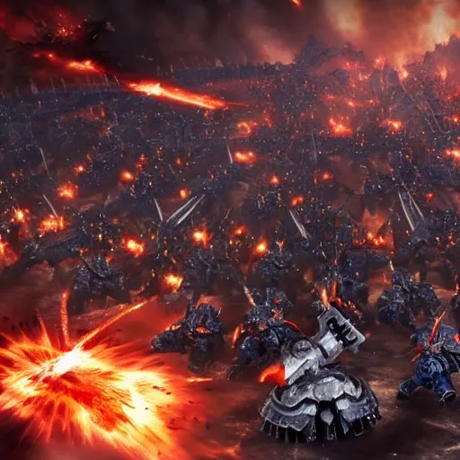 Image similar to The Emperor of mankind together with the primarchs are fighting against the Orcs. Epic battle, brutal style, super quality, 4k