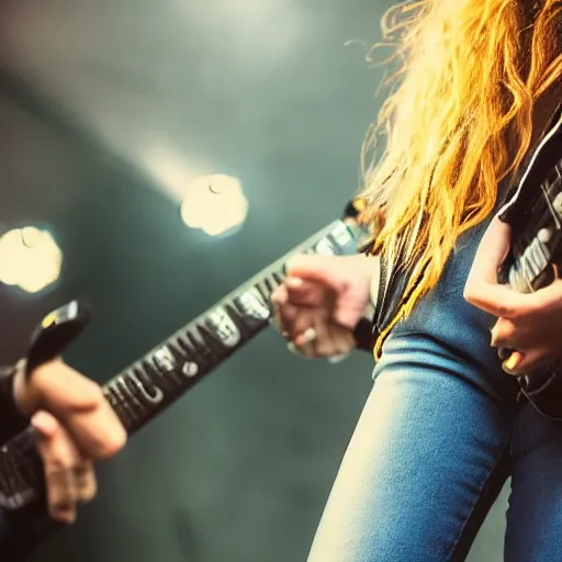 Prompt: 19-year-old girl wearing leather jacket and denim jeans, permed hair, holding electric guitar, stoner rock, HD photograph, heavy rock concert, live concert footage