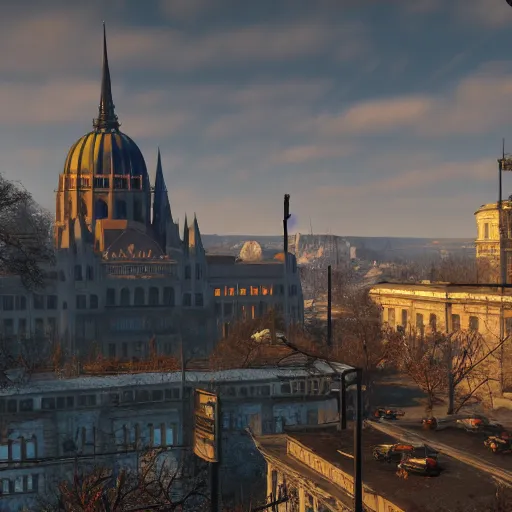 Image similar to fallout 5 set in budapest, game screenshot, 4 k, high detail