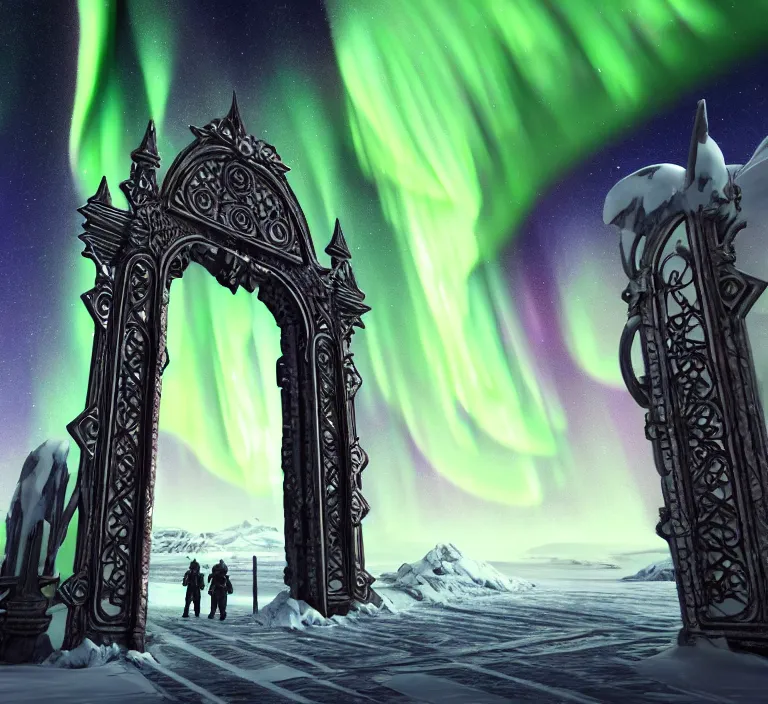 Prompt: a very detailed concept art of intricate and epic gates to aurora borealis, trending on artstation, symmetry, digital art, 4 k, hyper realistic, octane render, sharp focus