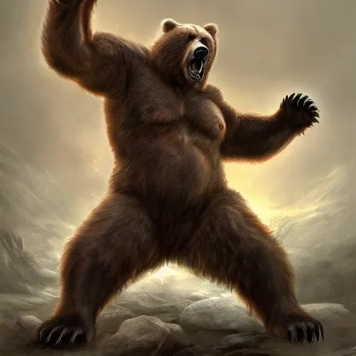 Image similar to a ferocious grizzly bear monster with 4 arms, fantasy concept art, detailed, epic pose