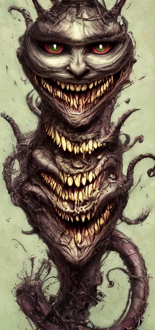 Image similar to dream portrait of evil Cheshire Cat from Alice in Wonderland,full character, melting ,8k,by tristan eaton,Stanley Artgermm,Tom Bagshaw,Greg Rutkowski,Carne Griffiths, Ayami Kojima, Beksinski, Giger,trending on DeviantArt,face enhance,hyper detailed,minimalist,horror, android, full of colour