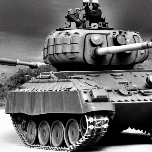 Image similar to world War 2 photography of Donald Trump hugging a tank, shot by Annie Leibovitz, award winning, 4k, 8k, black and white photography, cinematic lighting.