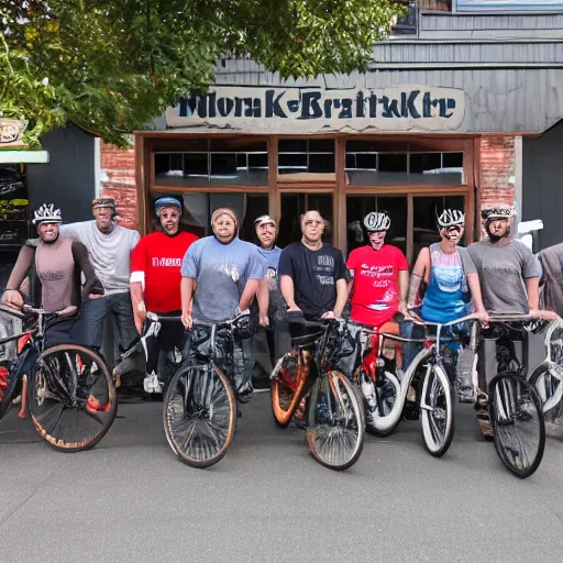 Prompt: bicycle crew in front of montauk brewery