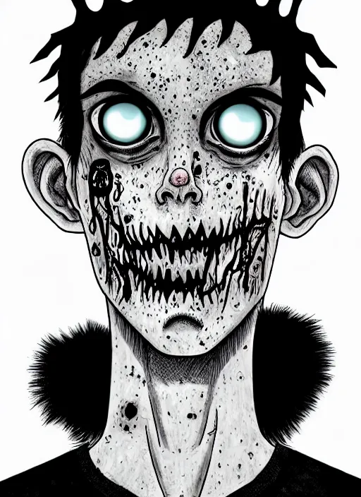 Image similar to junji ito style portrait of zombie teenage jughead jones wearing a light grey crown, zombie, crown, rotting skin, blind eyes, white eyes, crown, black hair, intricate, highly detailed, illustration, art by junji ito